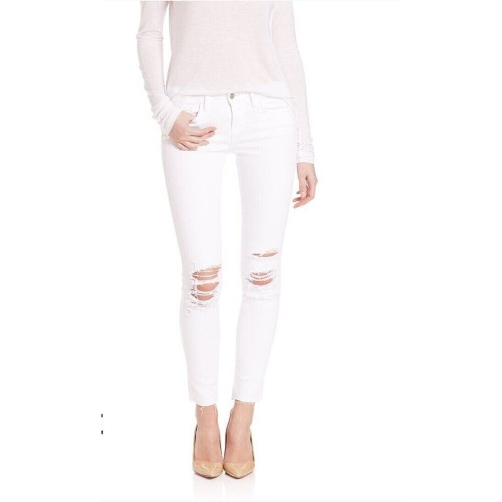 L'Agence Skinny Ankle Jeans Womens Size 26 White Distressed Raw Hem
